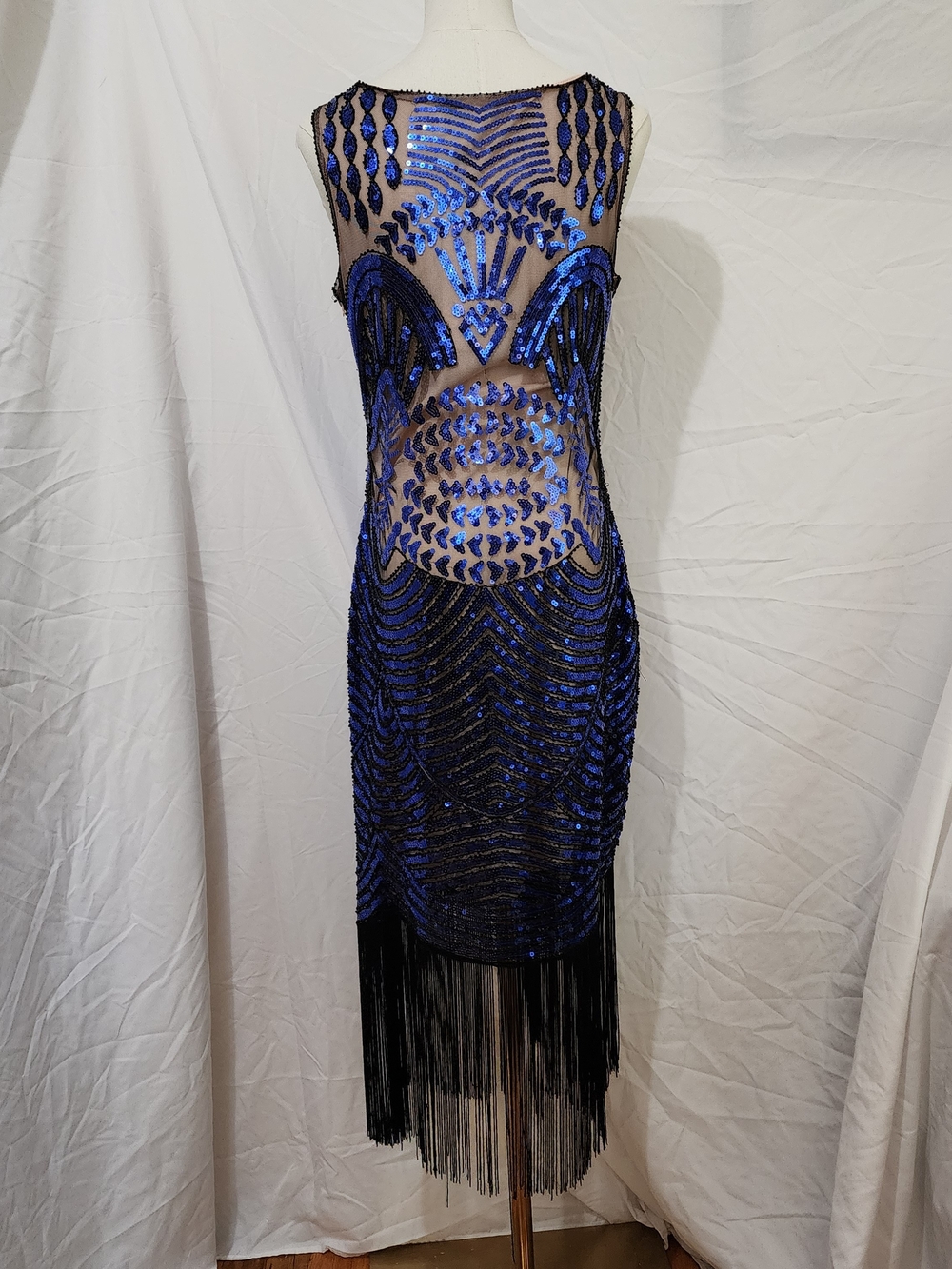 Unique Vintage Royal Blue Sequin Sheer Backless Dress - Picture 4 of 5